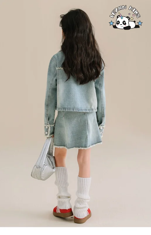 LEZONKIDS - Conjunto de duas peças de jaqueta jeans com gola virada e saia de jeans casual para meninas